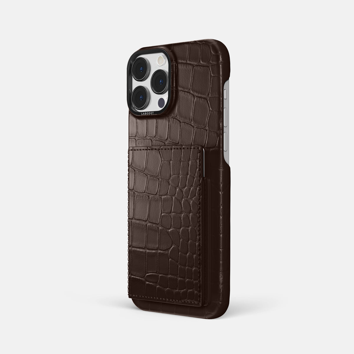 Dark-Brown iPhone 16 Pro Max Bi-Fold Case Alligator with Black Metal -1 | Dark-Brown-Black