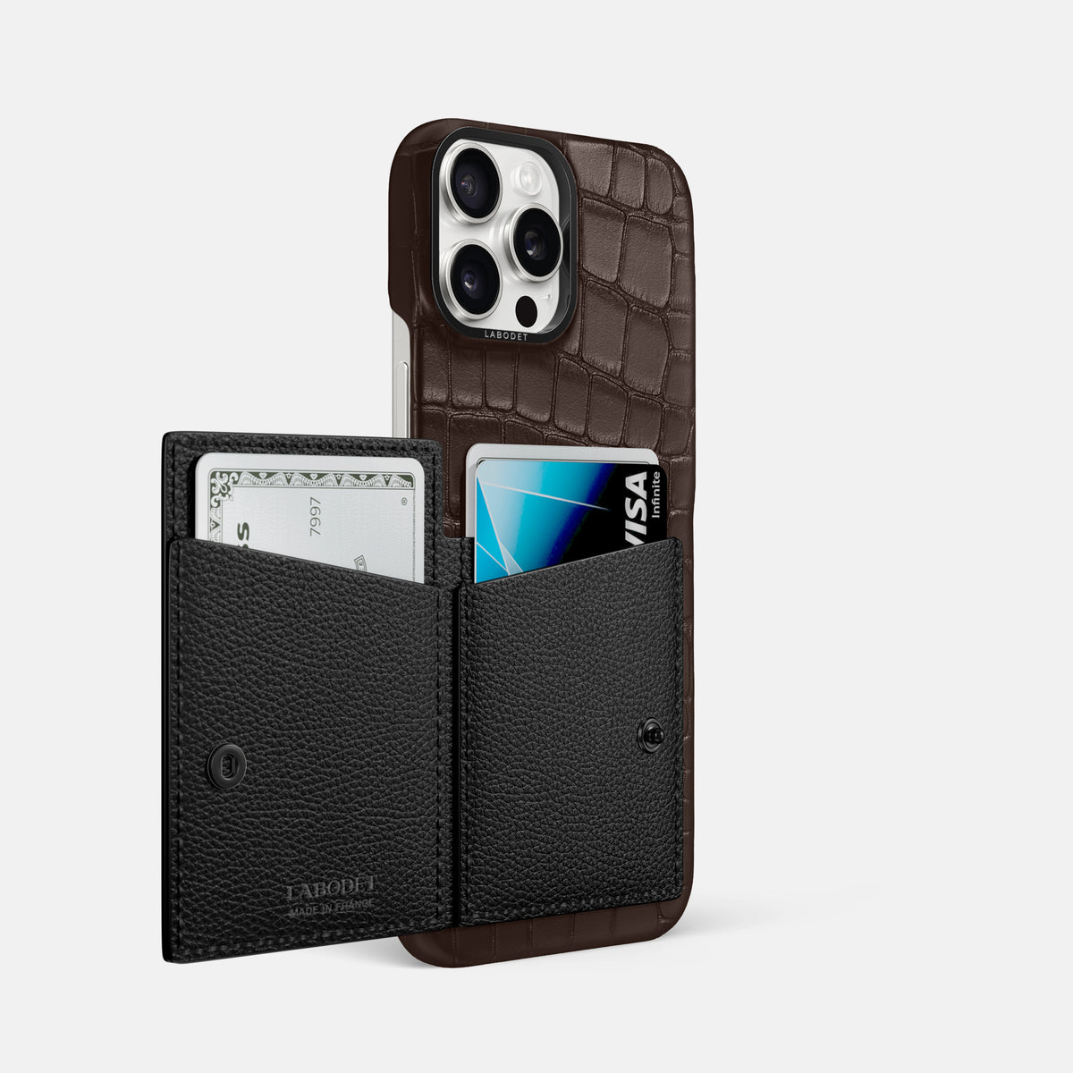 Dark-Brown iPhone 16 Pro Max Bi-Fold Case Alligator with Black Metal -3 | Dark-Brown-Black