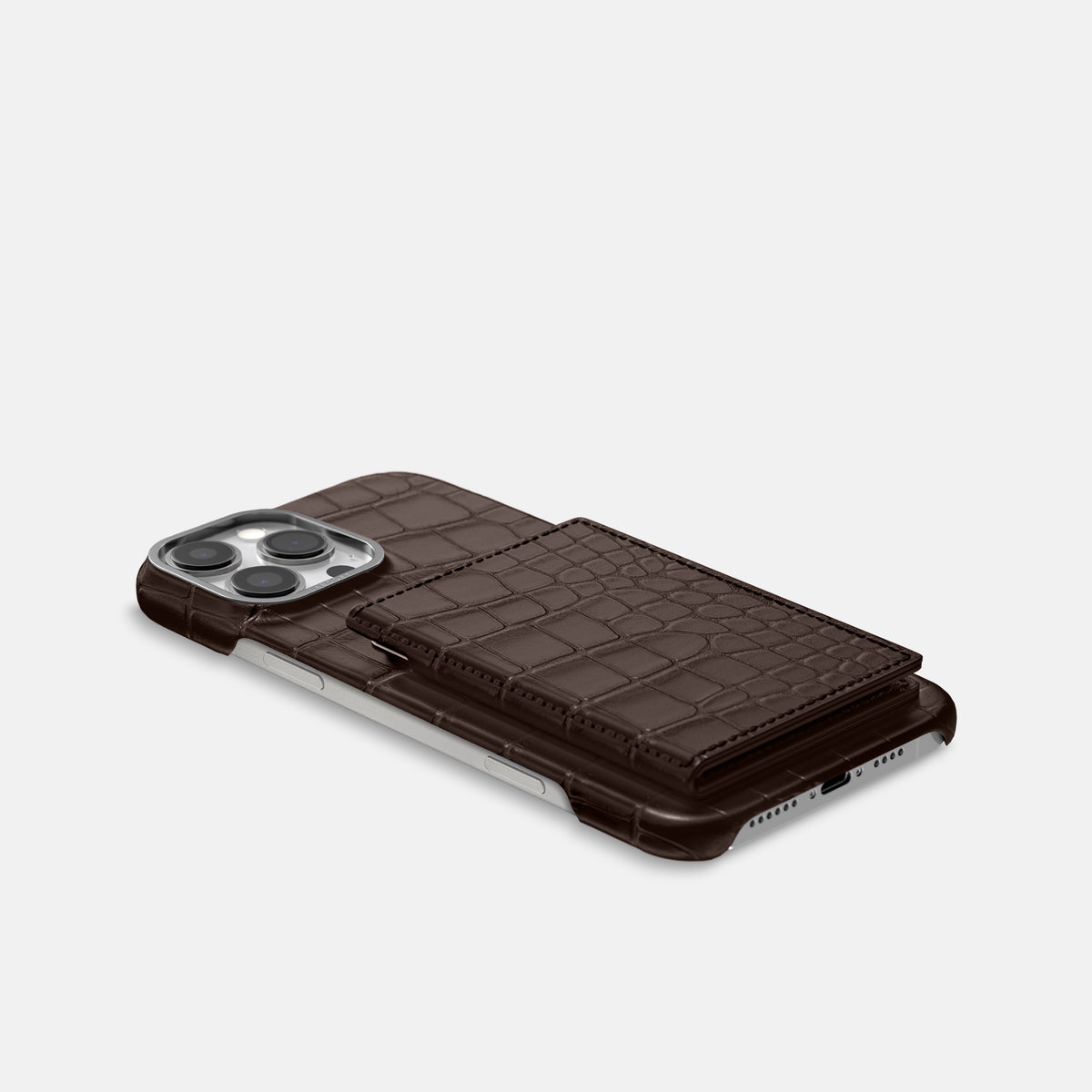 Dark-Brown iPhone 16 Pro Max Bi-Fold Case Alligator with Steel Metal -4 | Dark-Brown-Steel
