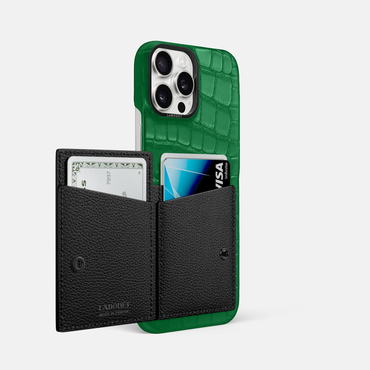 Forest-Green iPhone 16 Pro Max Bi-Fold Case In Alligator with Black Metal -3 | Forest-Green-Black
