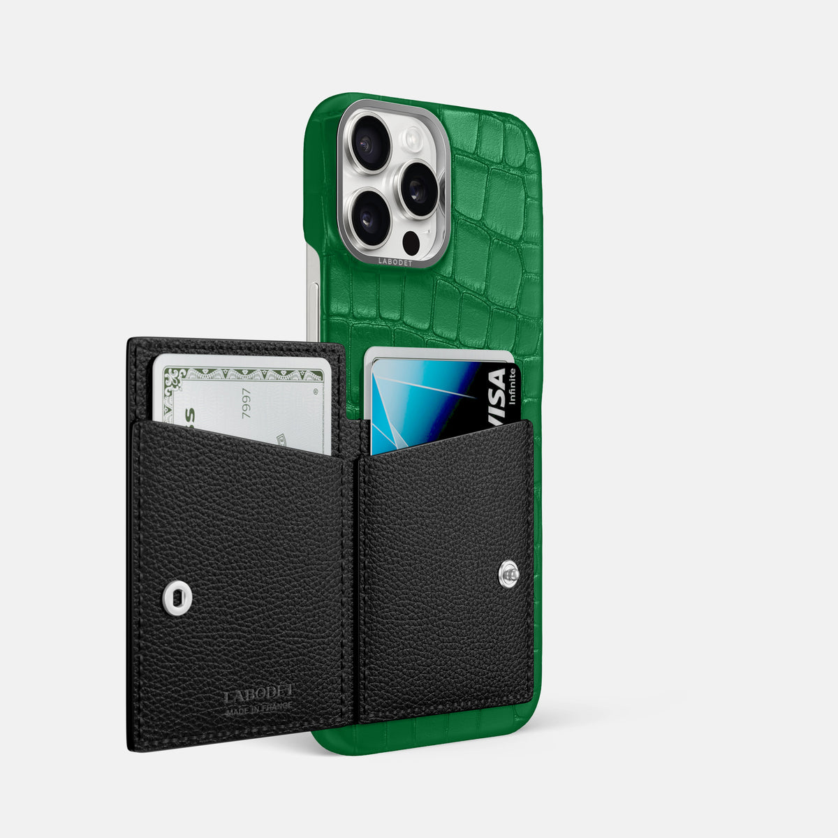 Forest-Green iPhone 16 Pro Max Bi-Fold Case In Alligator with Steel Metal -3 | Forest-Green-Steel