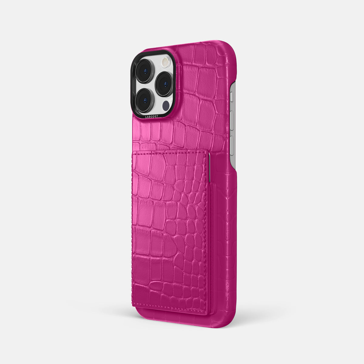 Fuchsia iPhone 16 Pro Max Bi-Fold Case Alligator with Black Metal -1 | Fuchsia-Black