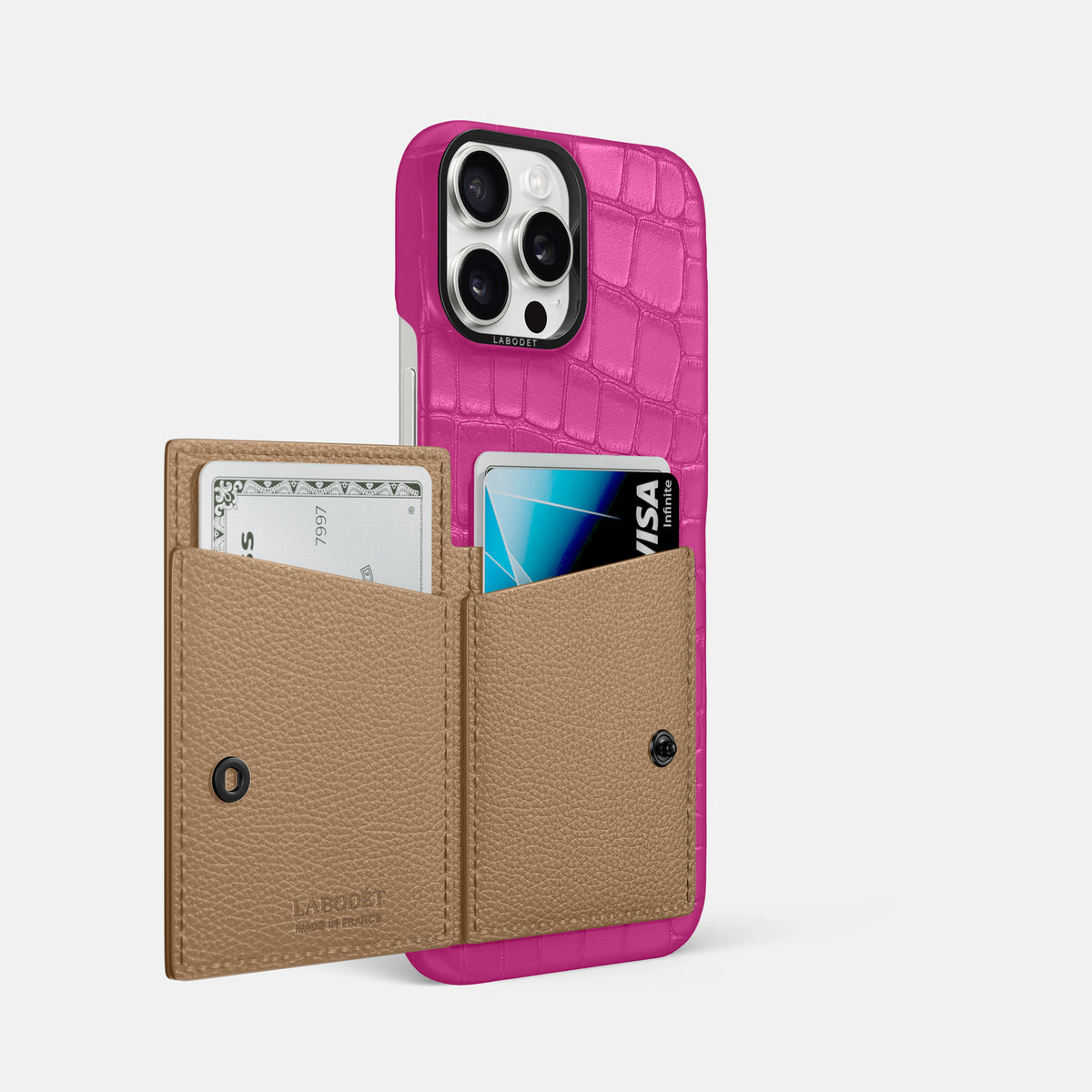 Fuchsia iPhone 16 Pro Max Bi-Fold Case Alligator with Black Metal -3 | Fuchsia-Black