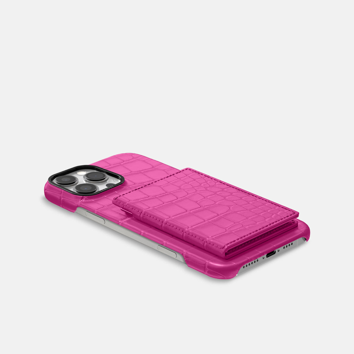 Fuchsia iPhone 16 Pro Max Bi-Fold Case Alligator with Black Metal -4 | Fuchsia-Black