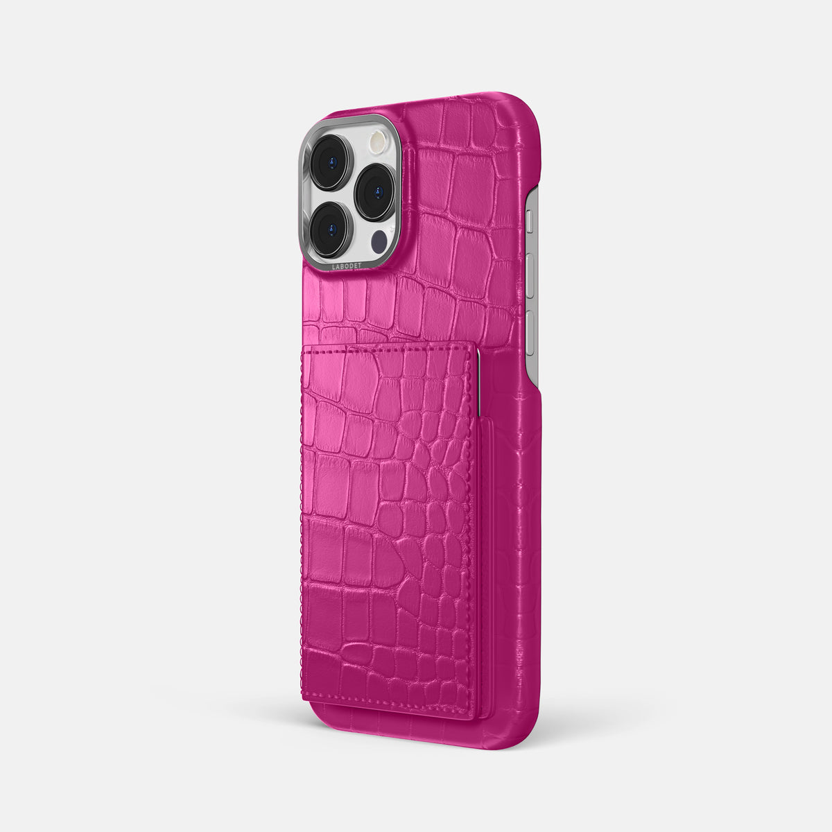 Fuchsia iPhone 16 Pro Max Bi-Fold Case Alligator with Steel Metal -1 | Fuchsia-Steel