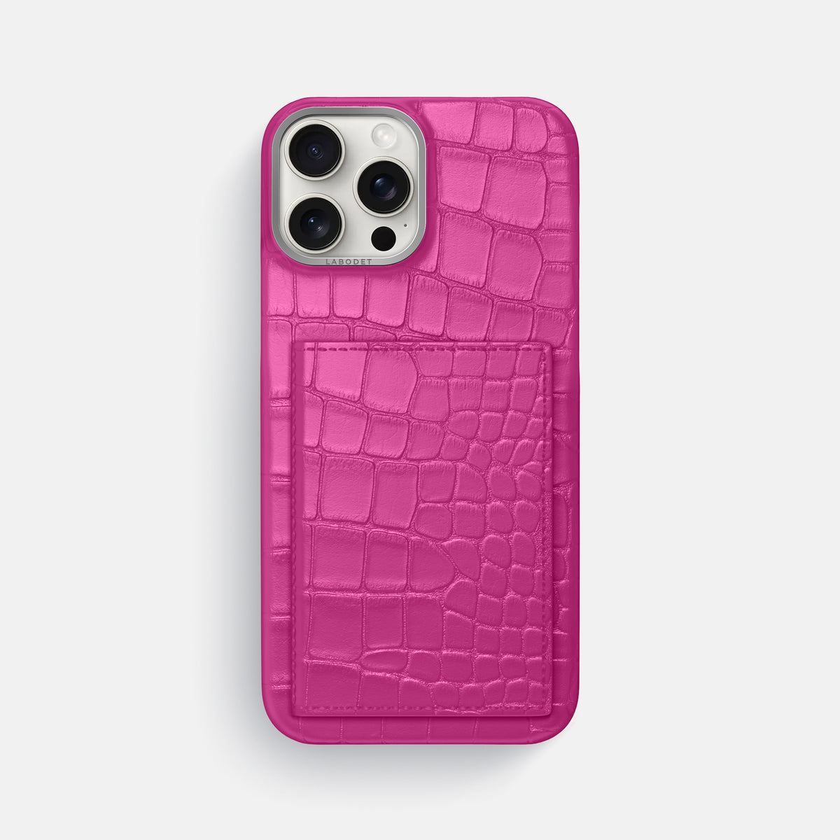 Fuchsia iPhone 16 Pro Max Bi-Fold Case Alligator with Steel Metal -2 | Fuchsia-Steel