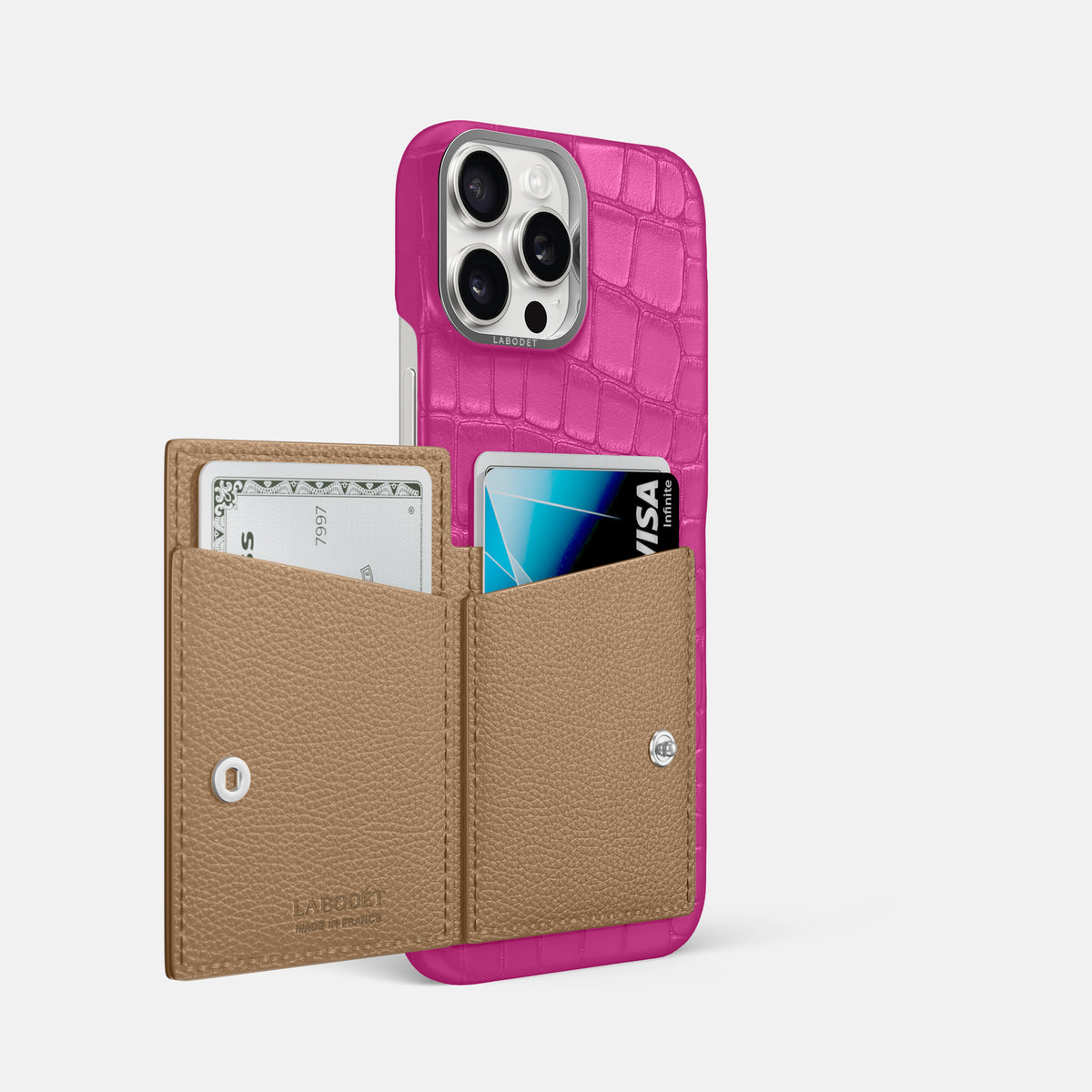 Fuchsia iPhone 16 Pro Max Bi-Fold Case Alligator with Steel Metal -3 | Fuchsia-Steel