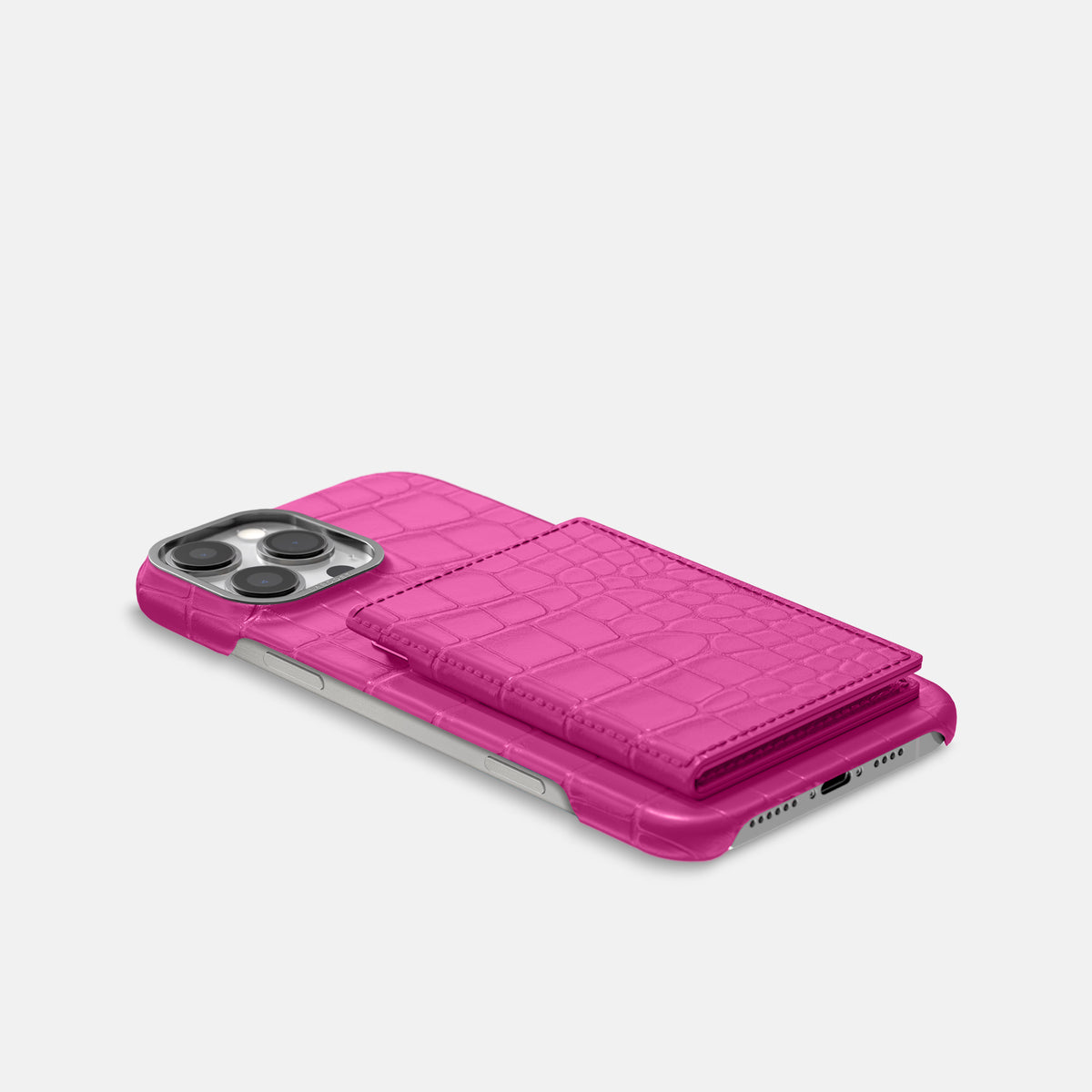 Fuchsia iPhone 16 Pro Max Bi-Fold Case Alligator with Steel Metal -4 | Fuchsia-Steel