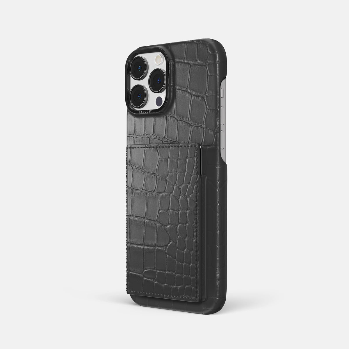 Grey iPhone 16 Pro Max Bi-Fold Case Alligator with Black Metal -1 | Grey-Black