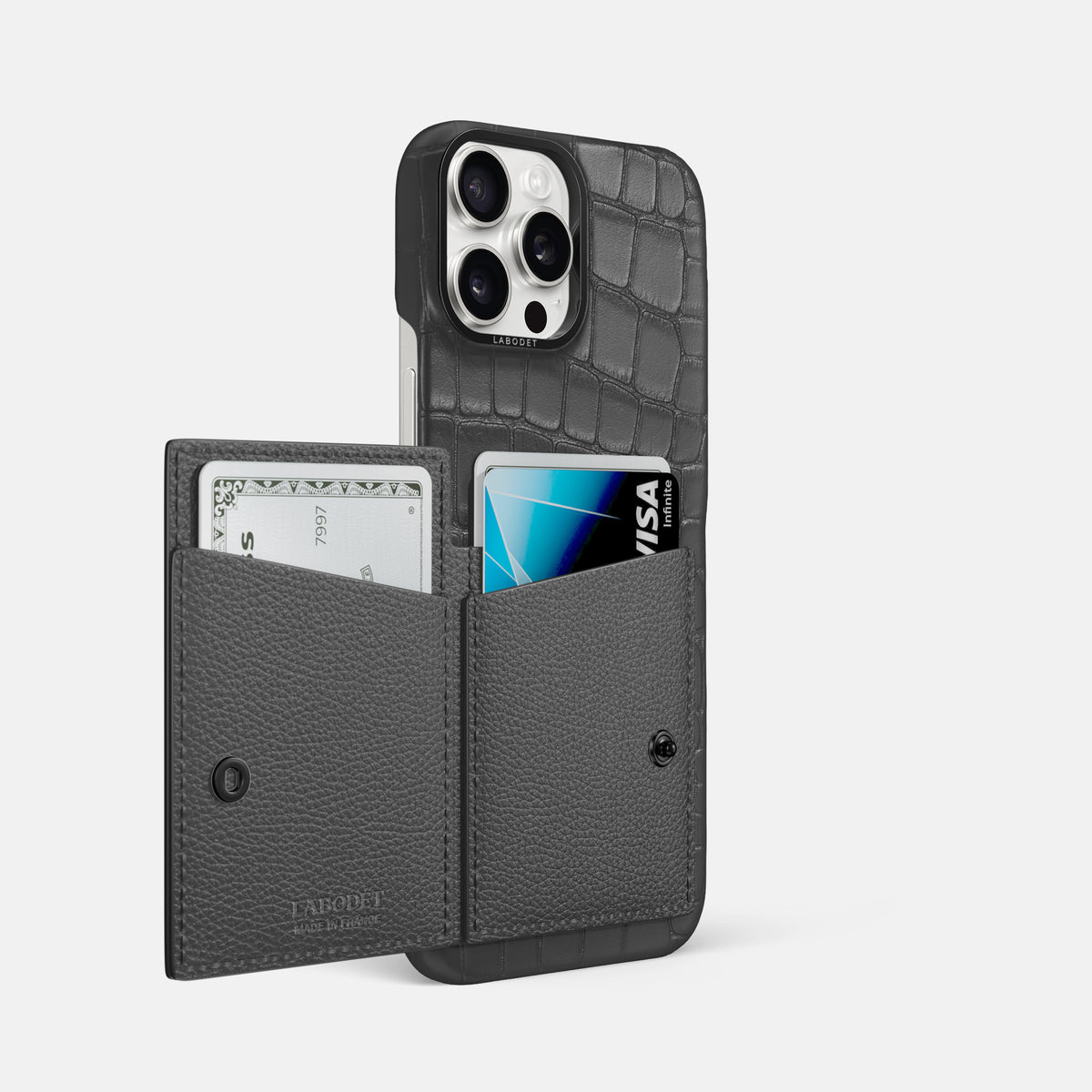 Grey iPhone 16 Pro Max Bi-Fold Case Alligator with Black Metal -3 | Grey-Black