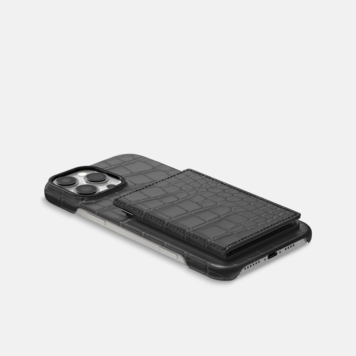 Grey iPhone 16 Pro Max Bi-Fold Case Alligator with Black Metal -4 | Grey-Black