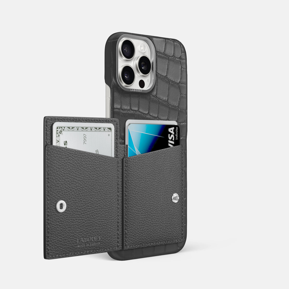 Grey iPhone 16 Pro Max Bi-Fold Case Alligator with Steel Metal -3 | Grey-Steel