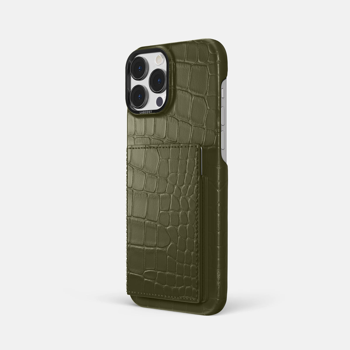 Kaki-Green iPhone 16 Pro Max Bi-Fold Case Alligator with Black Metal -1 | Kaki-Green-Black