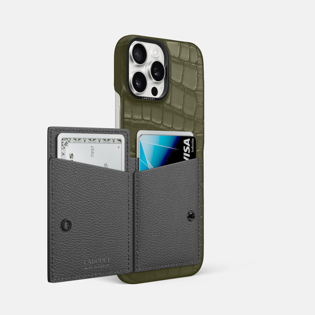 Kaki-Green iPhone 16 Pro Max Bi-Fold Case Alligator with Black Metal -3 | Kaki-Green-Black