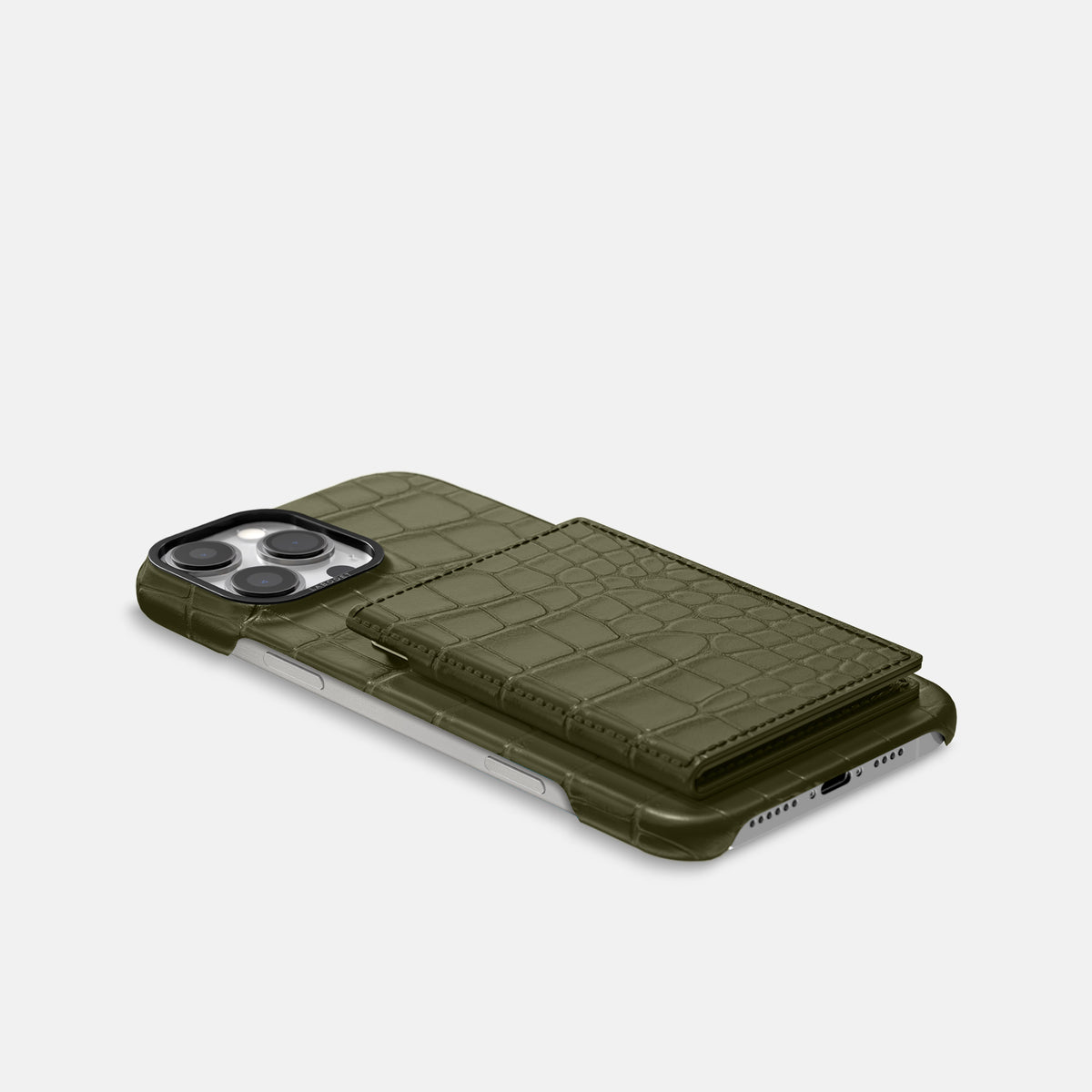 Kaki-Green iPhone 16 Pro Max Bi-Fold Case Alligator with Black Metal -4 | Kaki-Green-Black
