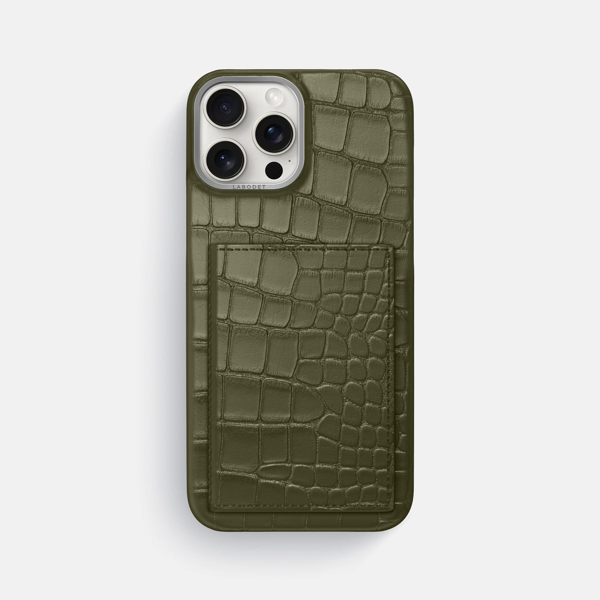 Kaki-Green iPhone 16 Pro Max Bi-Fold Case Alligator with Steel Metal -2 | Kaki-Green-Steel