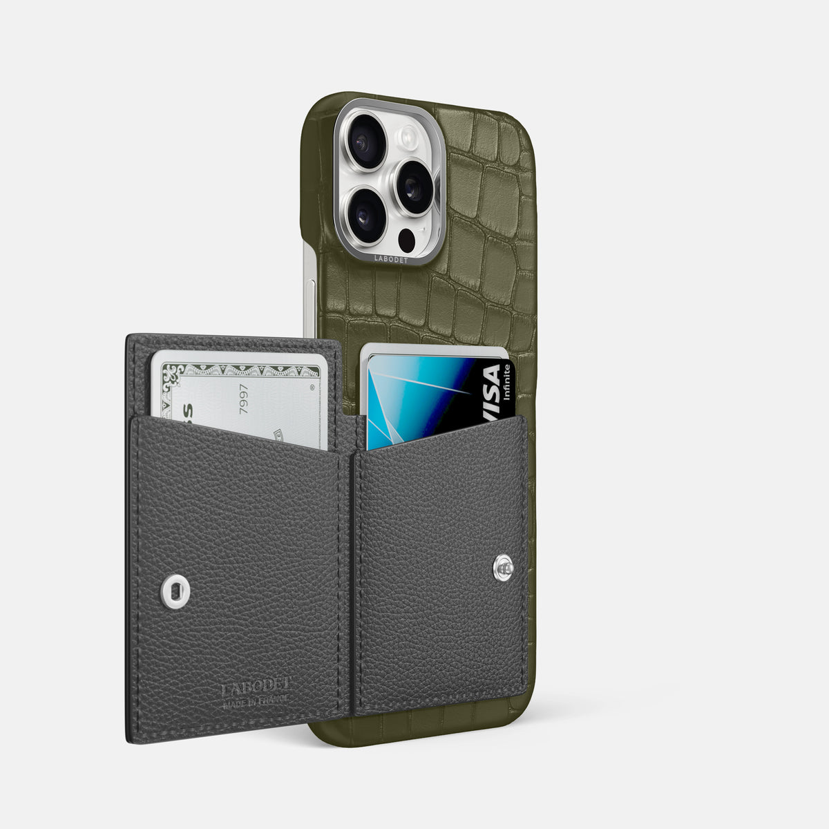 Kaki-Green iPhone 16 Pro Max Bi-Fold Case Alligator with Steel Metal -3 | Kaki-Green-Steel