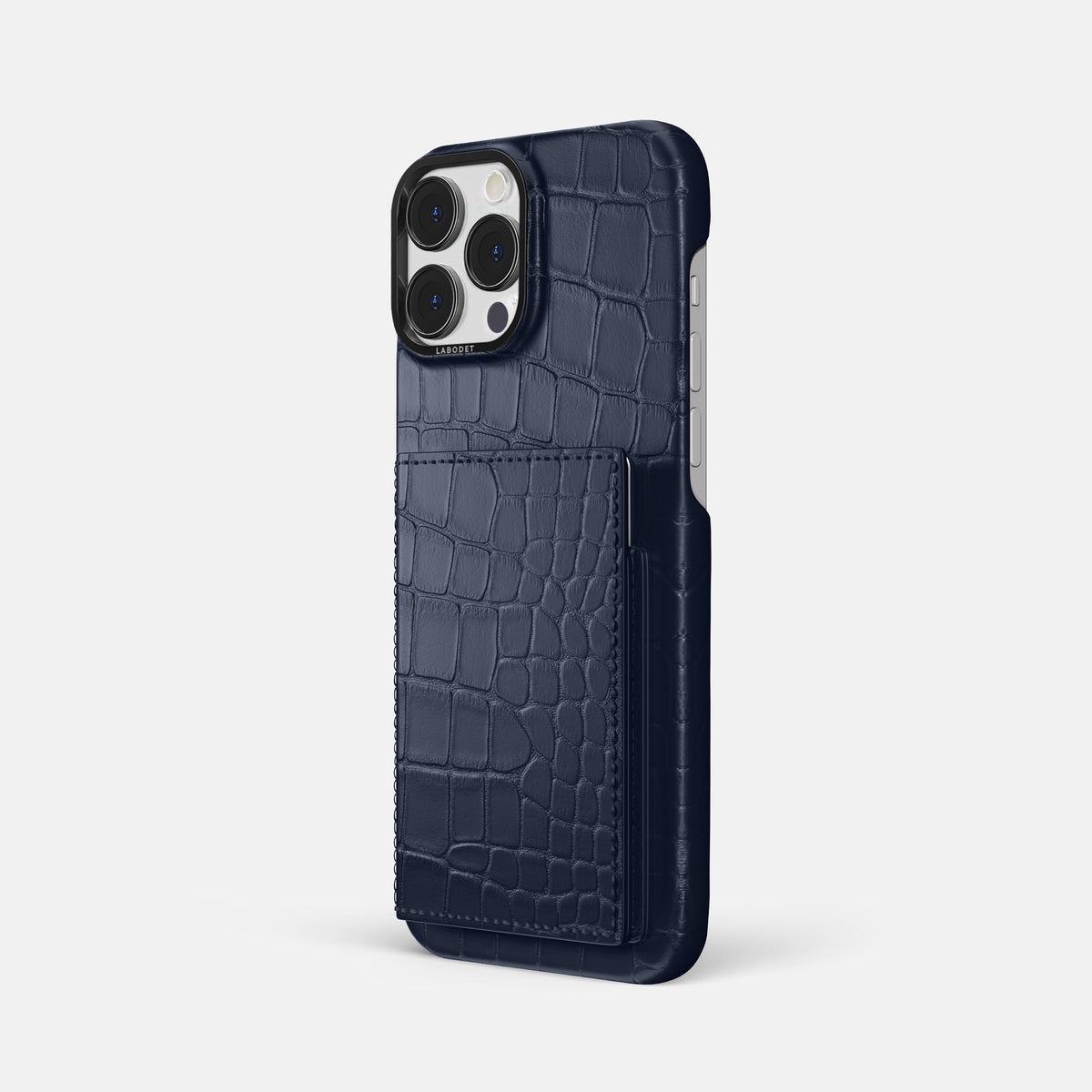 Navy Blue iPhone 16 Pro Max Bi-Fold Case Alligator with Black Metal -1 | Navy-Blue-Black