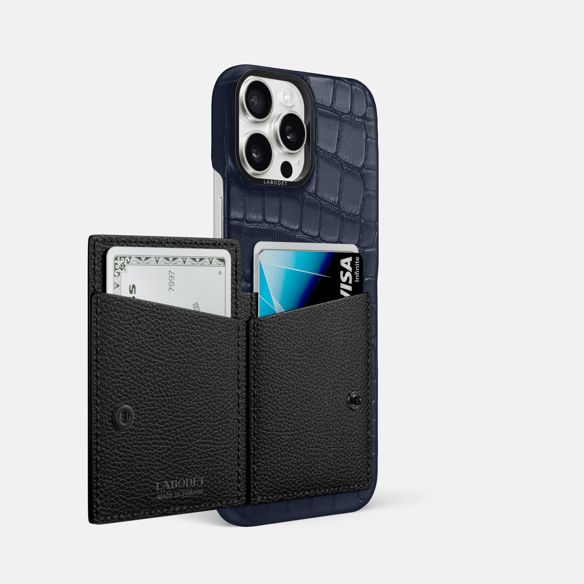 Navy Blue iPhone 16 Pro Max Bi-Fold Case Alligator with Black Metal -3 | Navy-Blue-Black