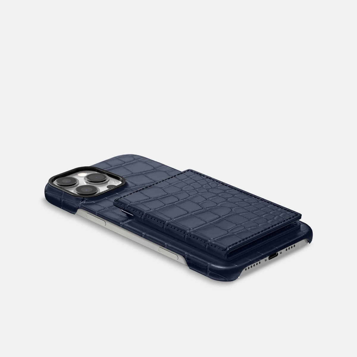 Navy Blue iPhone 16 Pro Max Bi-Fold Case Alligator with Black Metal -4 | Navy-Blue-Black