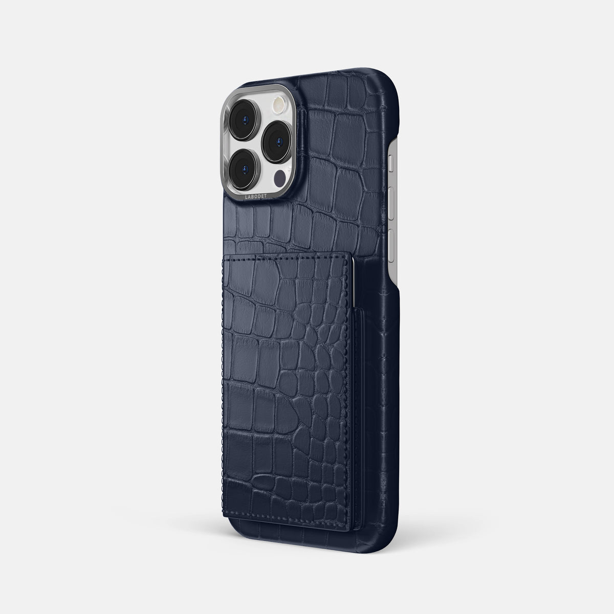Navy Blue iPhone 16 Pro Max Bi-Fold Case Alligator with Steel Metal -1 | Navy-Blue-Steel