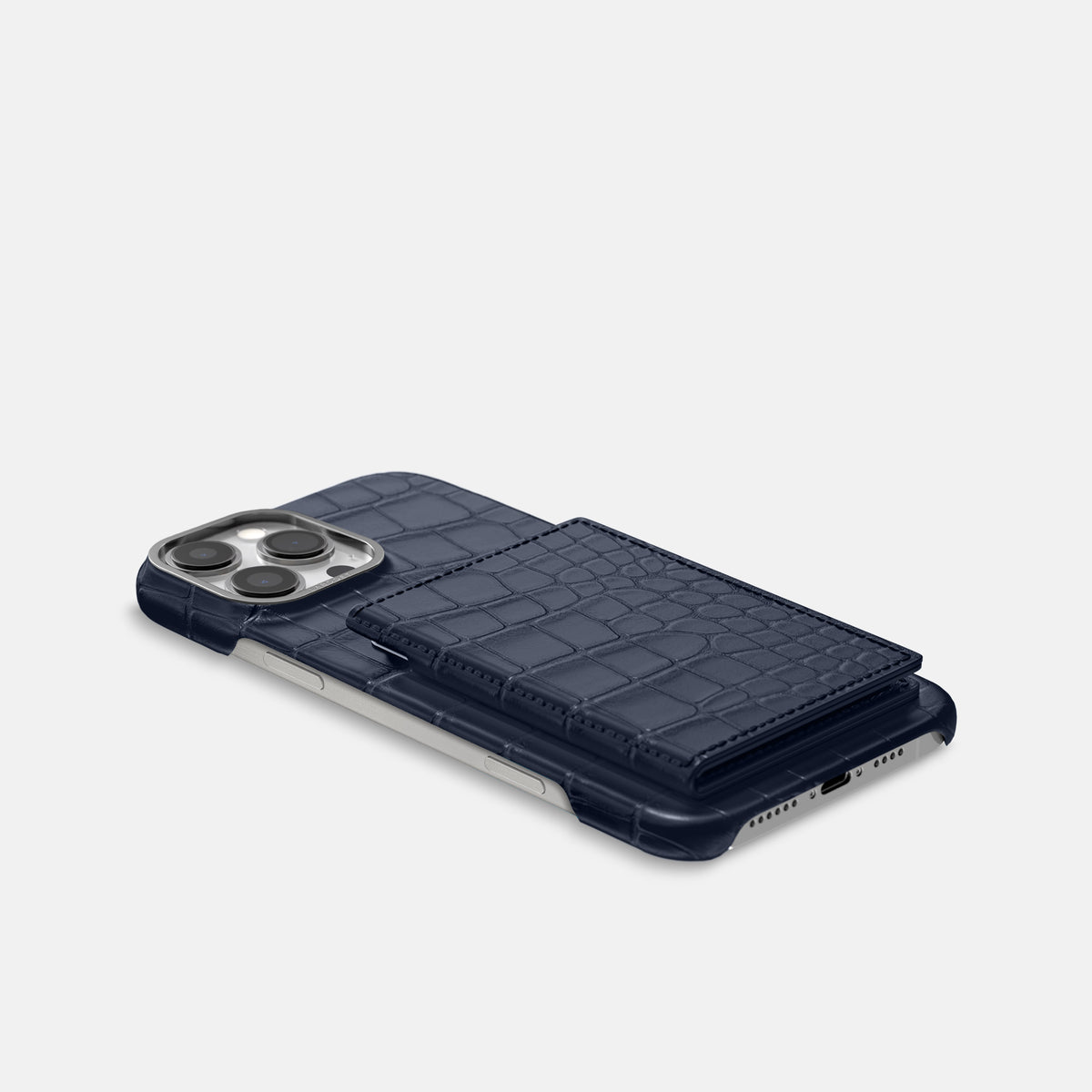 Navy Blue iPhone 16 Pro Max Bi-Fold Case Alligator with Steel Metal -4 | Navy-Blue-Steel