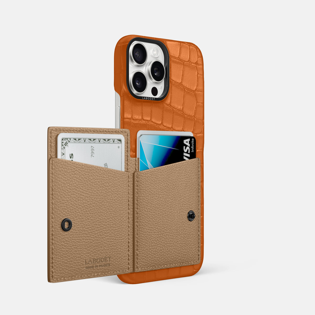 Orange iPhone 16 Pro Max Bi-Fold Case Alligator with Black Metal -3 | Orange-Black