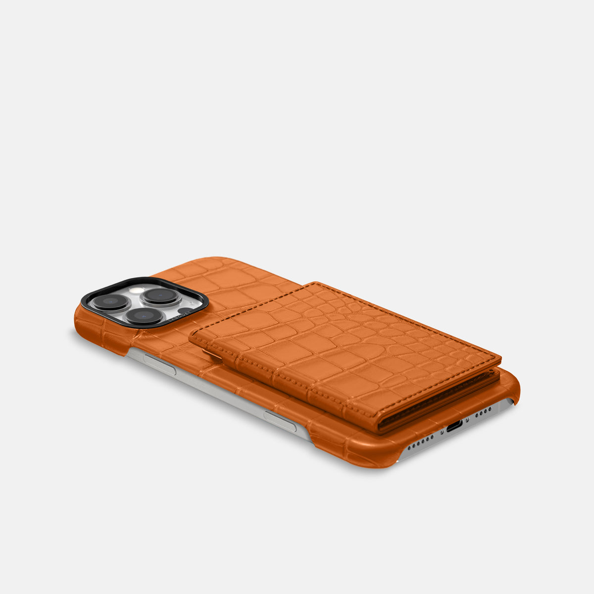 Orange iPhone 16 Pro Max Bi-Fold Case Alligator with Black Metal -4 | Orange-Black