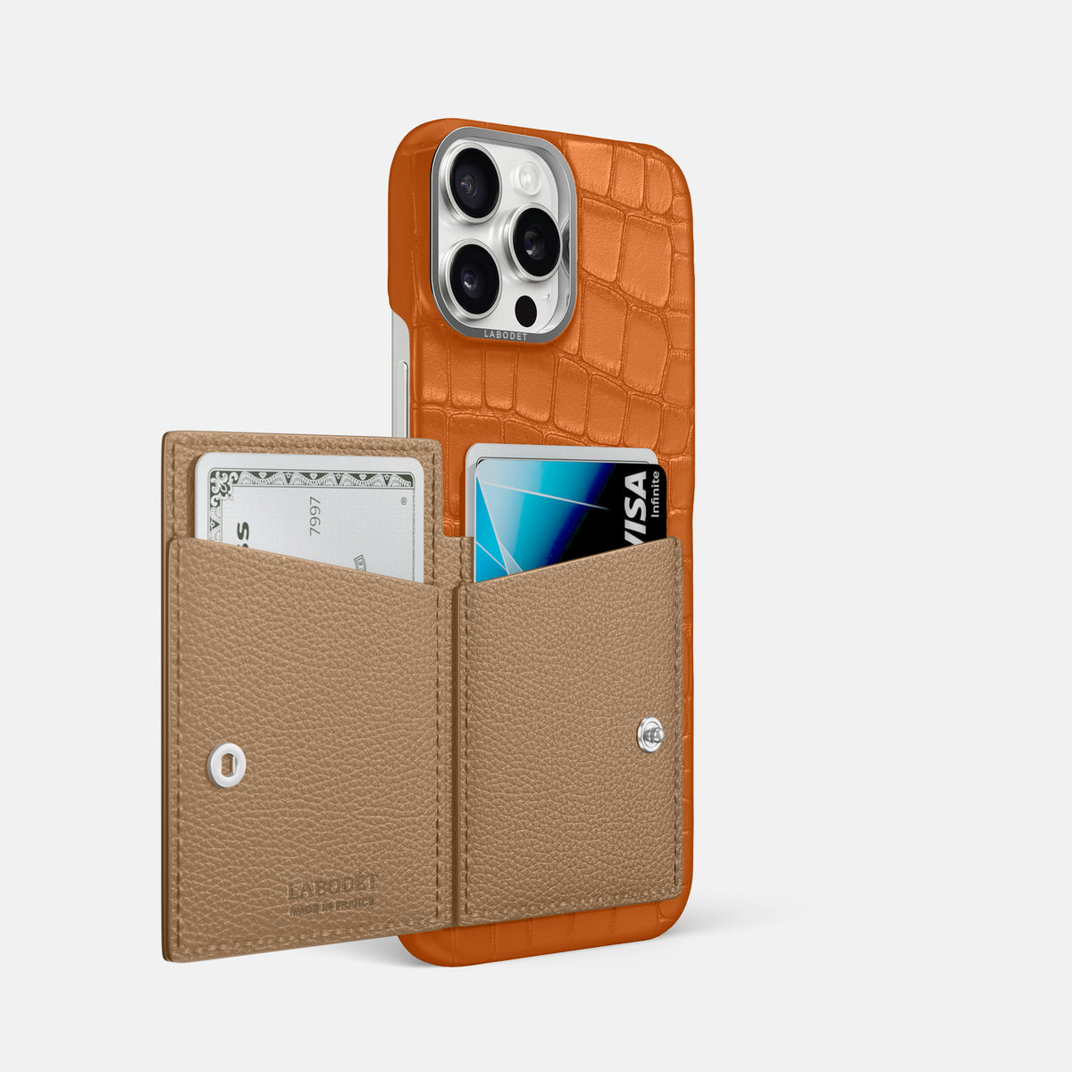 Orange iPhone 16 Pro Max Bi-Fold Case Alligator with Steel Metal -3 | Orange-Steel
