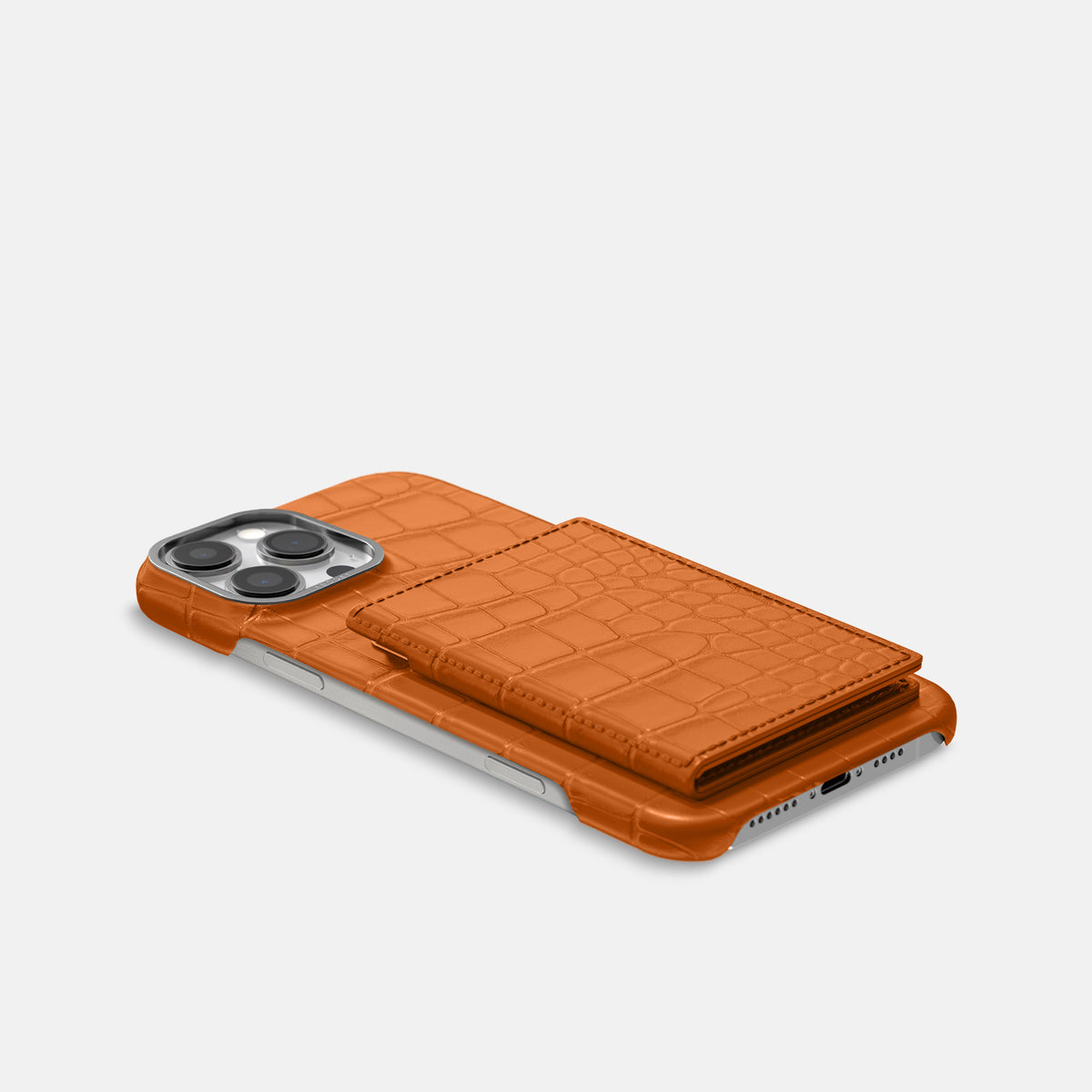 Orange iPhone 16 Pro Max Bi-Fold Case Alligator with Steel Metal -4 | Orange-Steel