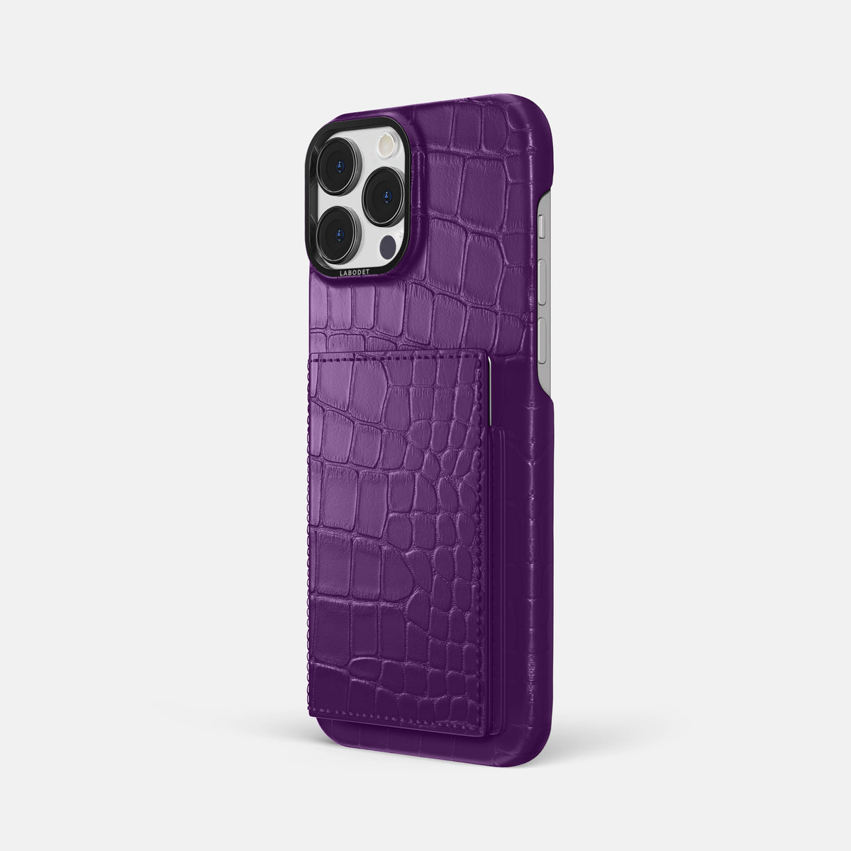 Purple iPhone 16 Pro Max Bi-Fold Case Alligator with Black Metal -1 | Purple-Black