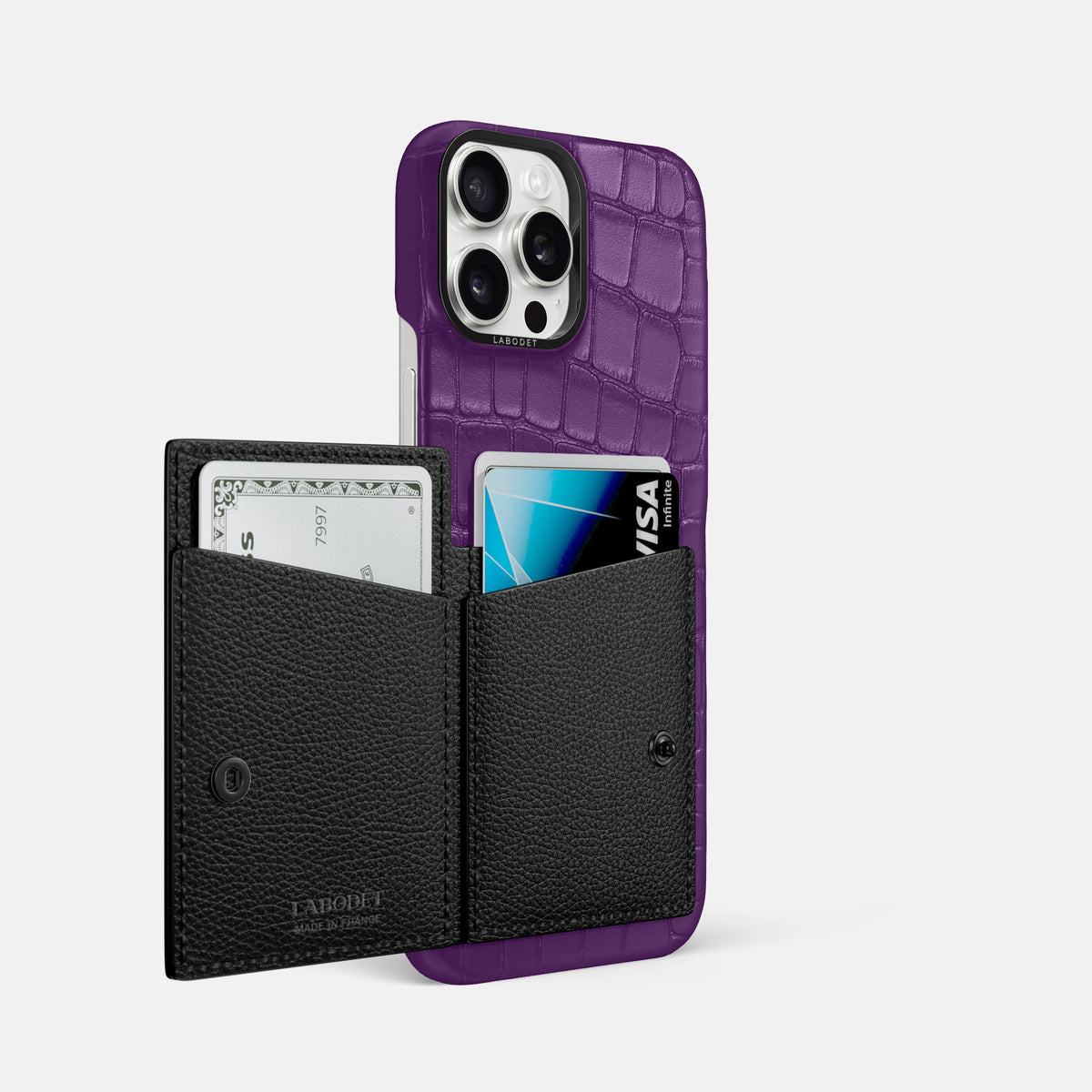 Purple iPhone 16 Pro Max Bi-Fold Case Alligator with Black Metal -3 | Purple-Black