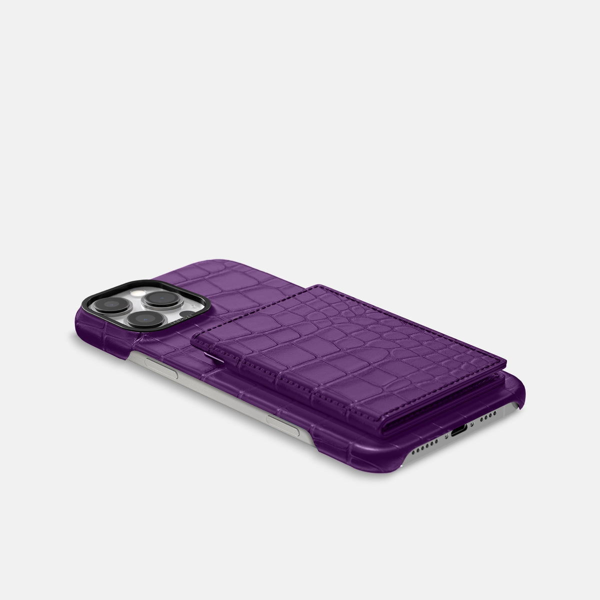 Purple iPhone 16 Pro Max Bi-Fold Case Alligator with Black Metal -4 | Purple-Black