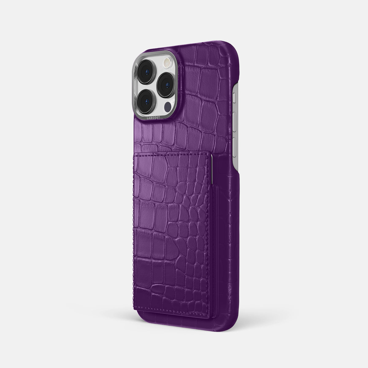 Purple iPhone 16 Pro Max Bi-Fold Case Alligator with Steel Metal -1 | Purple-Steel
