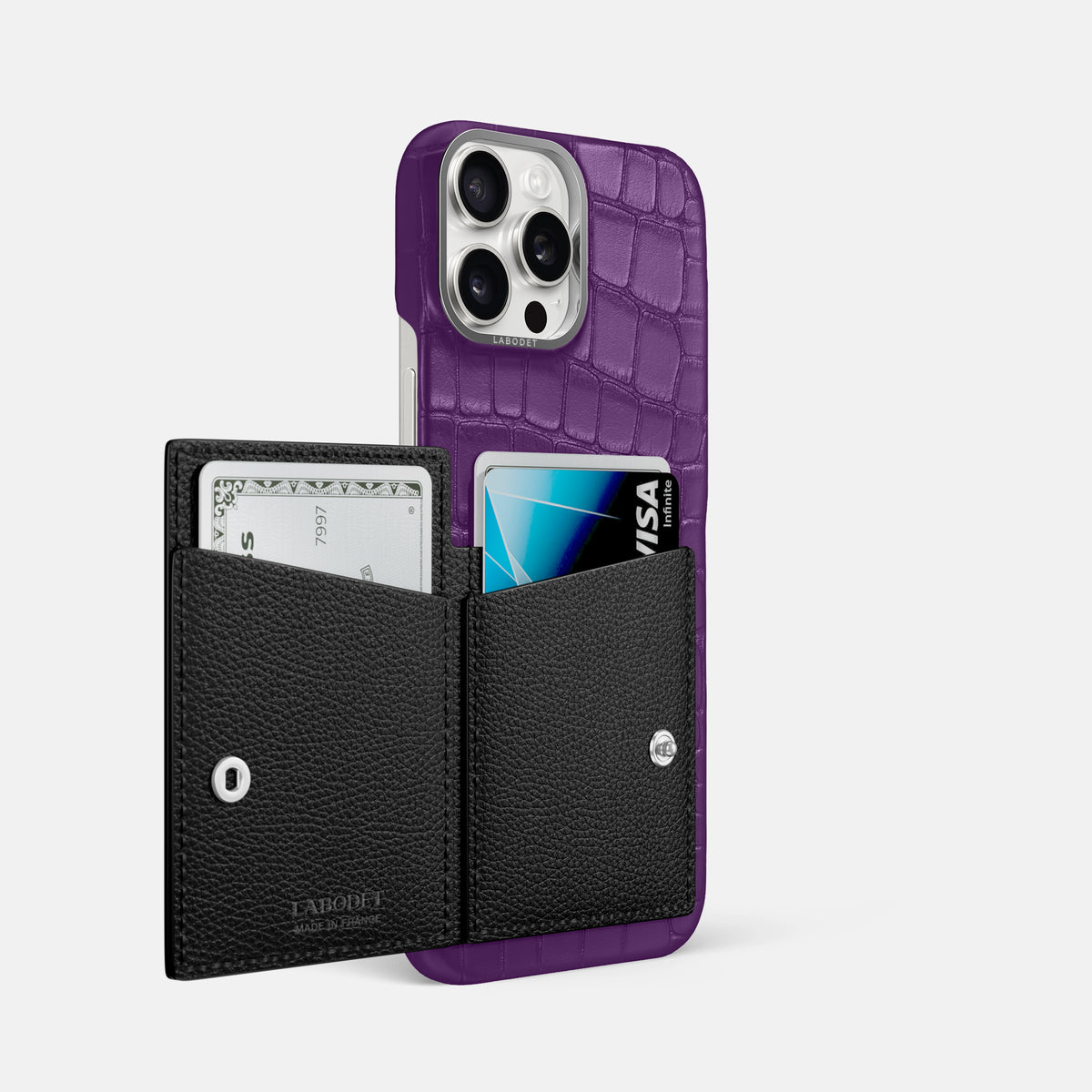 Purple iPhone 16 Pro Max Bi-Fold Case Alligator with Steel Metal -3 | Purple-Steel
