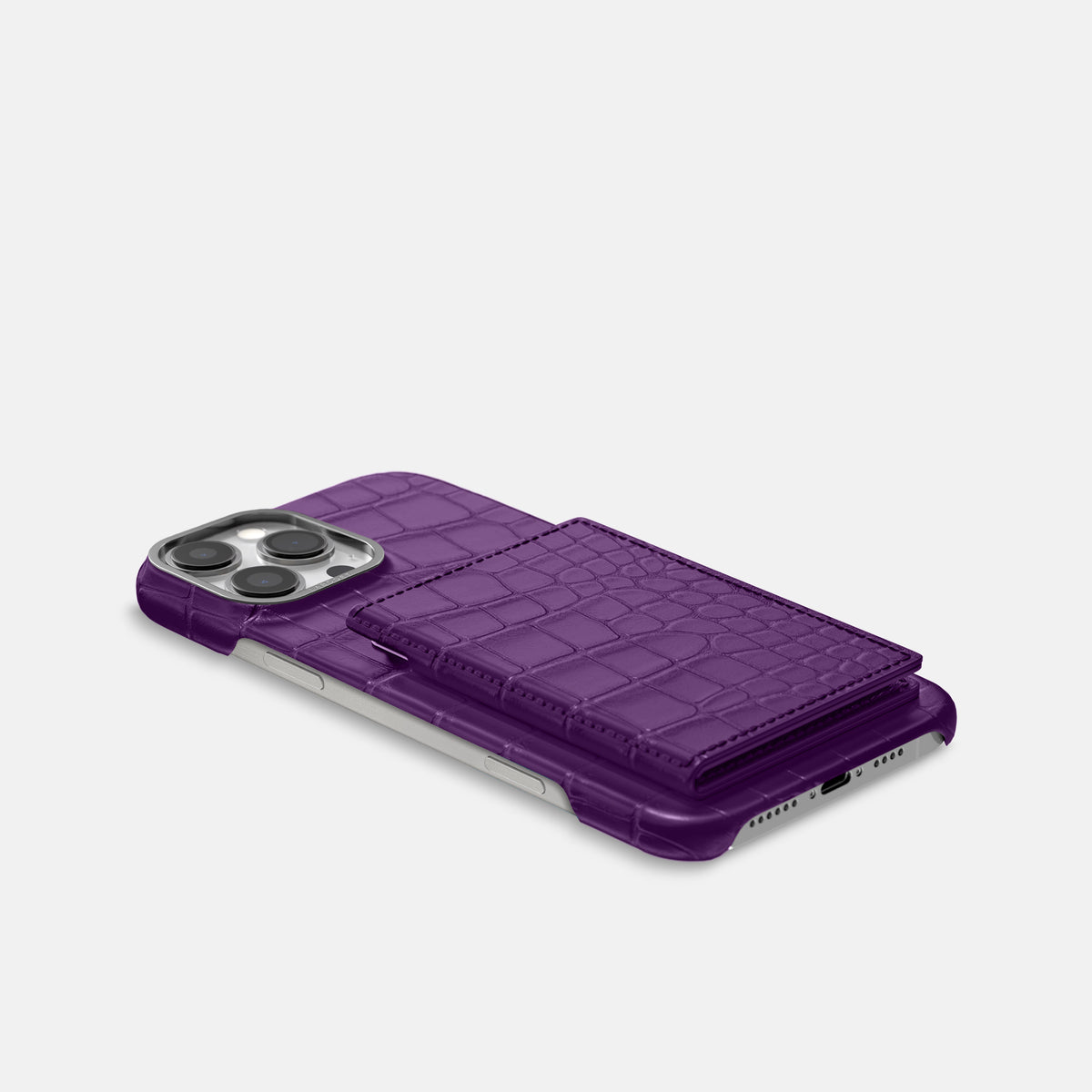 Purple iPhone 16 Pro Max Bi-Fold Case Alligator with Steel Metal -4 | Purple-Steel