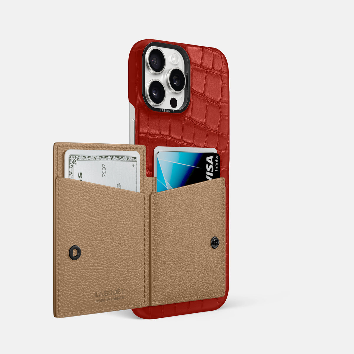 Red iPhone 16 Pro Max Bi-Fold Case Alligator with Black Metal -3 | Red-Black