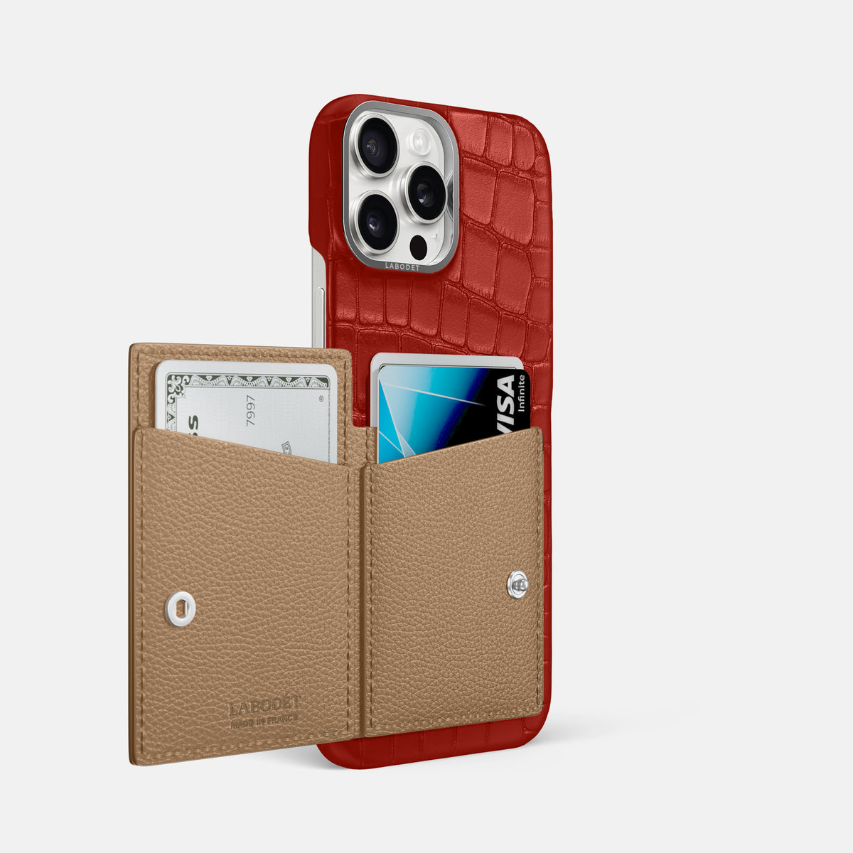 Red iPhone 16 Pro Max Bi-Fold Case Alligator with Steel Metal -3 | Red-Steel