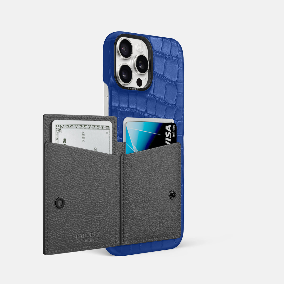 Royal Blue iPhone 16 Pro Max Bi-Fold Case Alligator with Black Metal -3 | Royal-Blue-Black