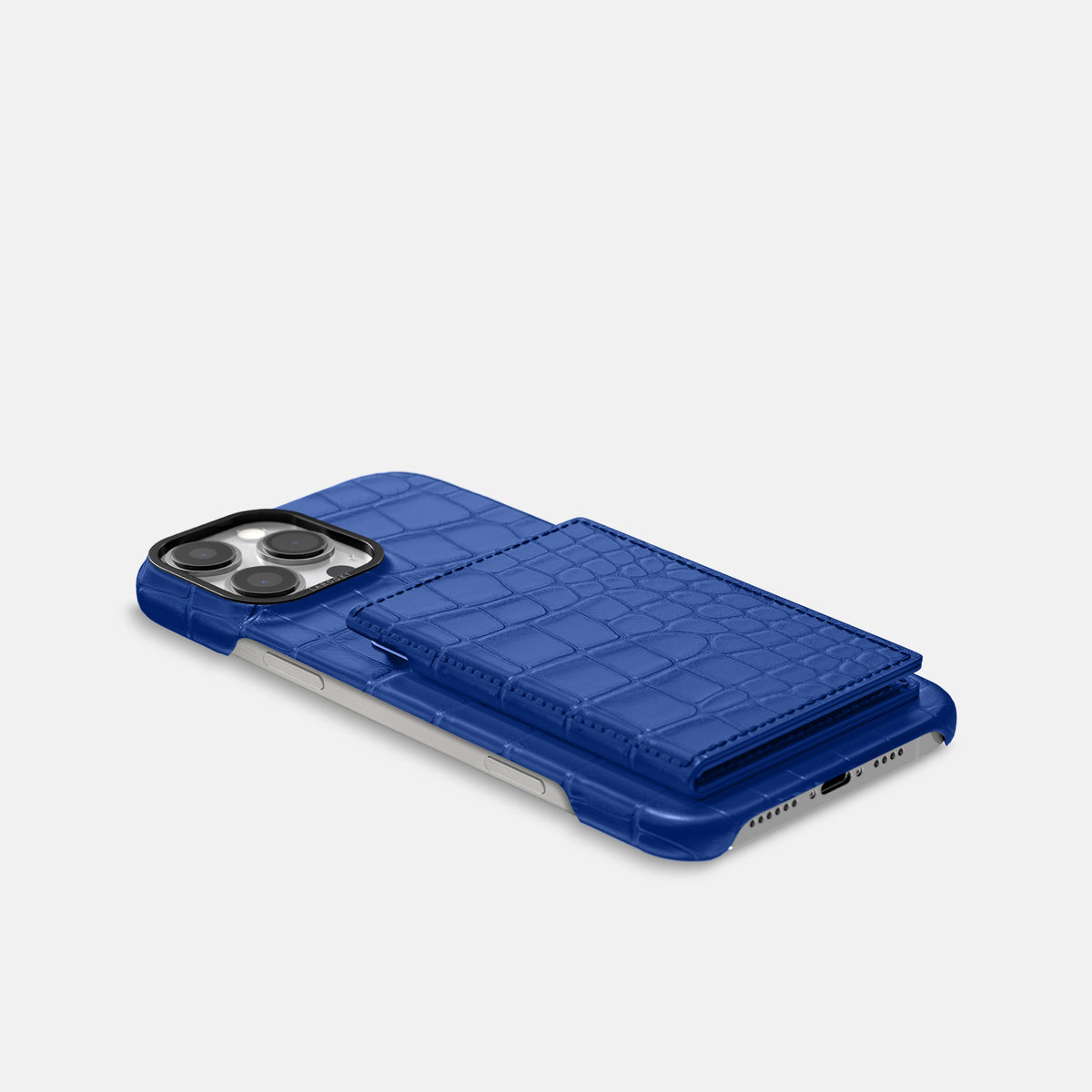 Royal Blue iPhone 16 Pro Max Bi-Fold Case Alligator with Black Metal -4 | Royal-Blue-Black
