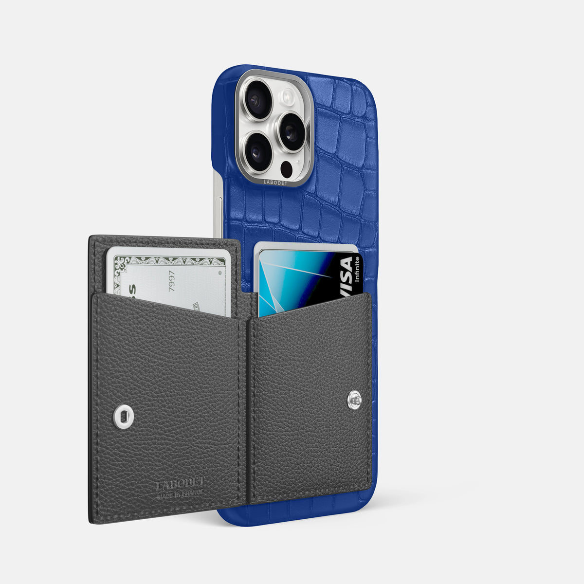 Royal Blue iPhone 16 Pro Max Bi-Fold Case Alligator with Steel Metal -3 | Royal-Blue-Steel