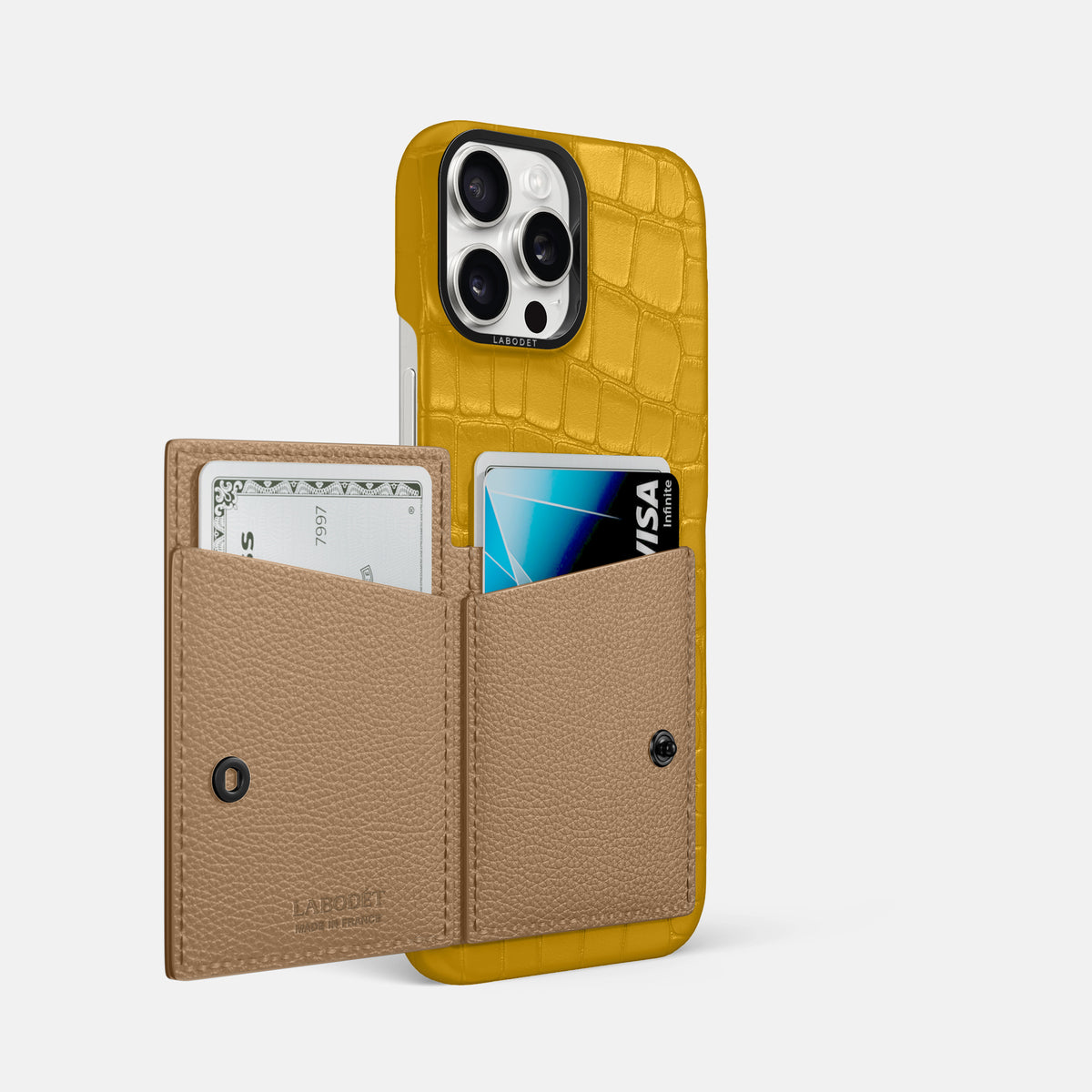 Yellow iPhone 16 Pro Max Bi-Fold Case Alligator with Black Metal -3 | Yellow-Black