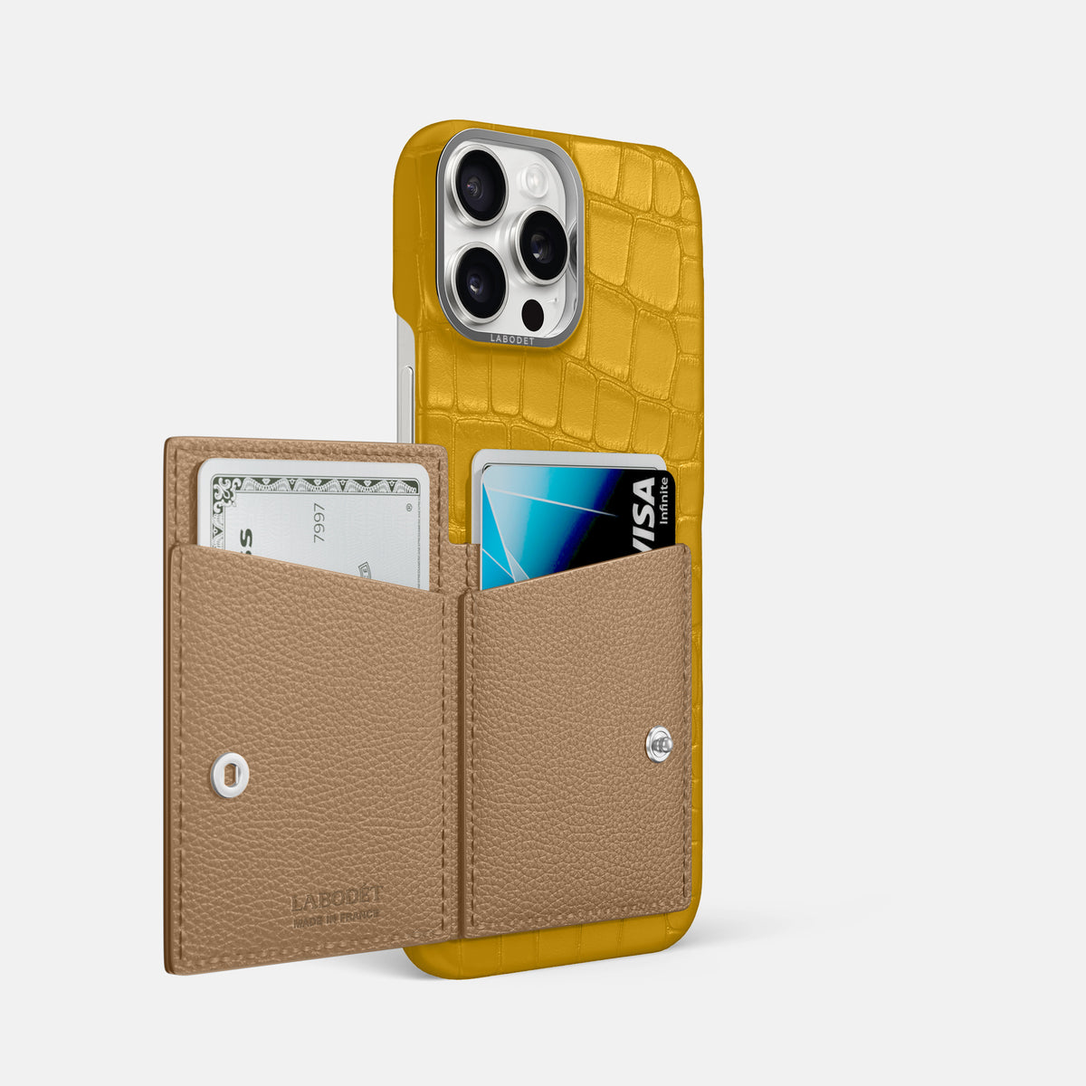 Yellow iPhone 16 Pro Max Bi-Fold Case Alligator with Steel Metal -3 | Yellow-Steel