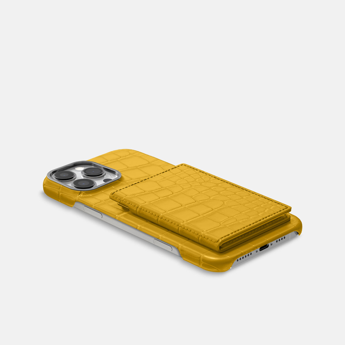 Yellow iPhone 16 Pro Max Bi-Fold Case Alligator with Steel Metal -4 | Yellow-Steel