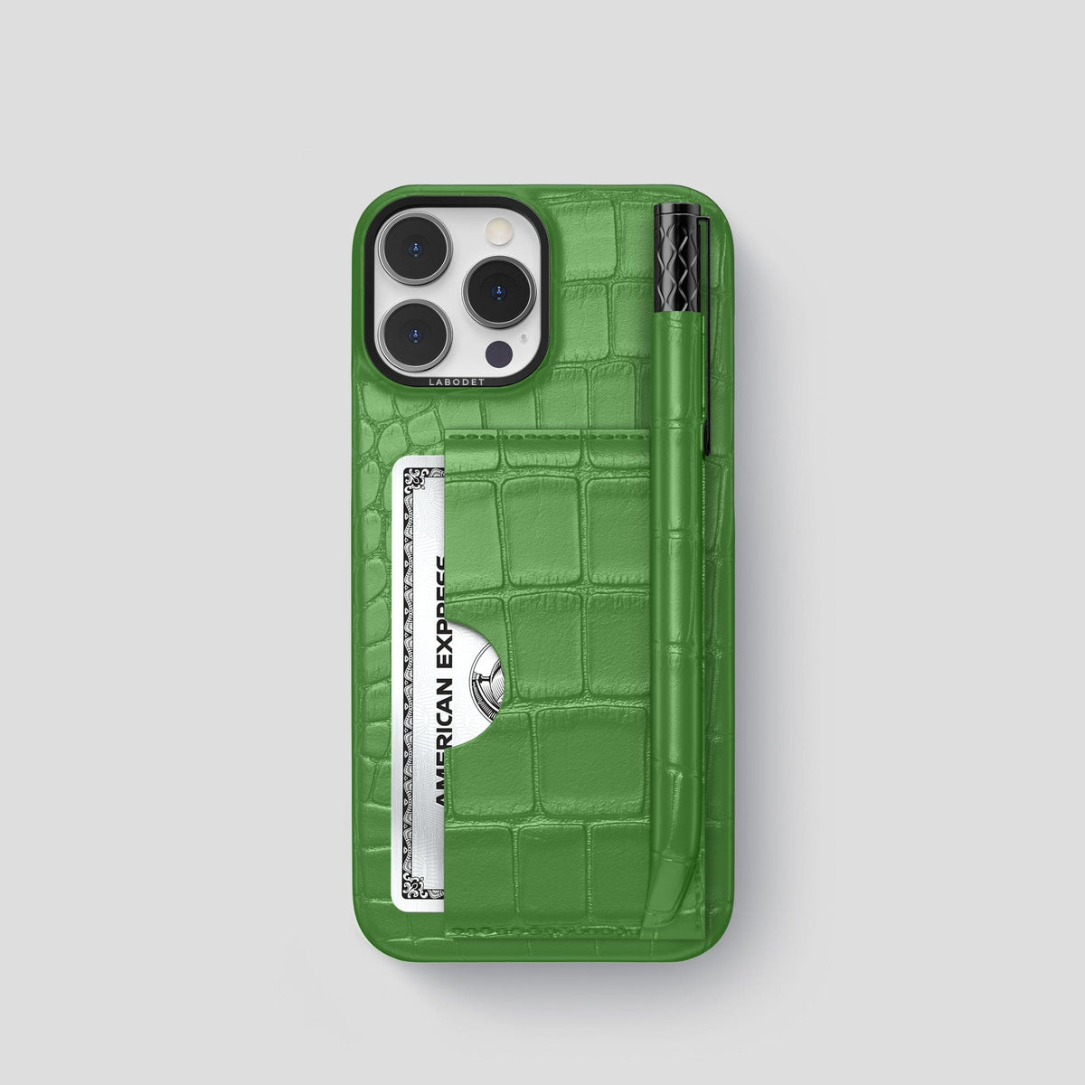 Apple-Green iPhone 14 Pro Card and Pen Holder Case Alligator with Black Metal -1 | Apple-Green-Black