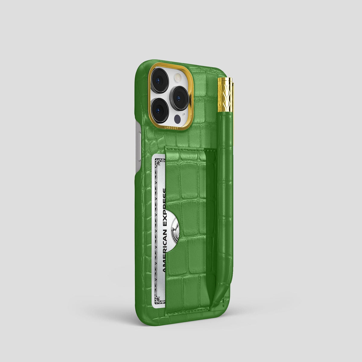 Apple-Green iPhone 14 Pro Card and Pen Holder Case Alligator with Gold Metal -2 | Apple-Green-Gold