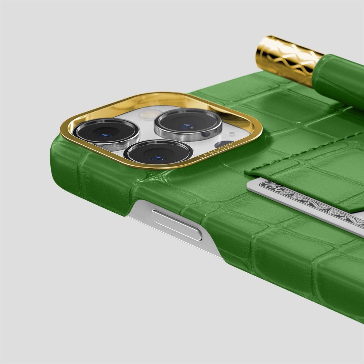 Apple-Green iPhone 14 Pro Card and Pen Holder Case Alligator with Gold Metal -4 | Apple-Green-Gold