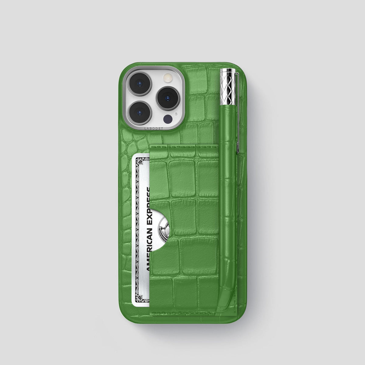 Apple-Green iPhone 14 Pro Card and Pen Holder Case Alligator with Steel Metal -1 | Apple-Green-Steel