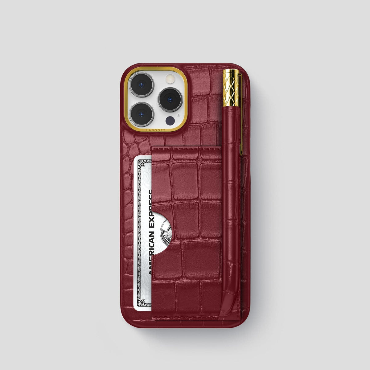 Burgundy iPhone 14 Pro Card and Pen Holder Case Alligator with Gold Metal -1 | Burgundy-Gold