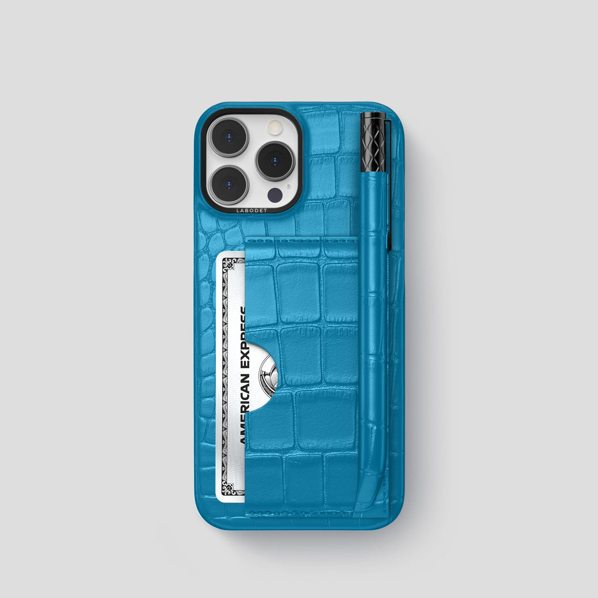 Curaçao-Blue iPhone 14 Pro Card and Pen Holder Case Alligator with Black Metal -1 | Curaçao-Blue-Black